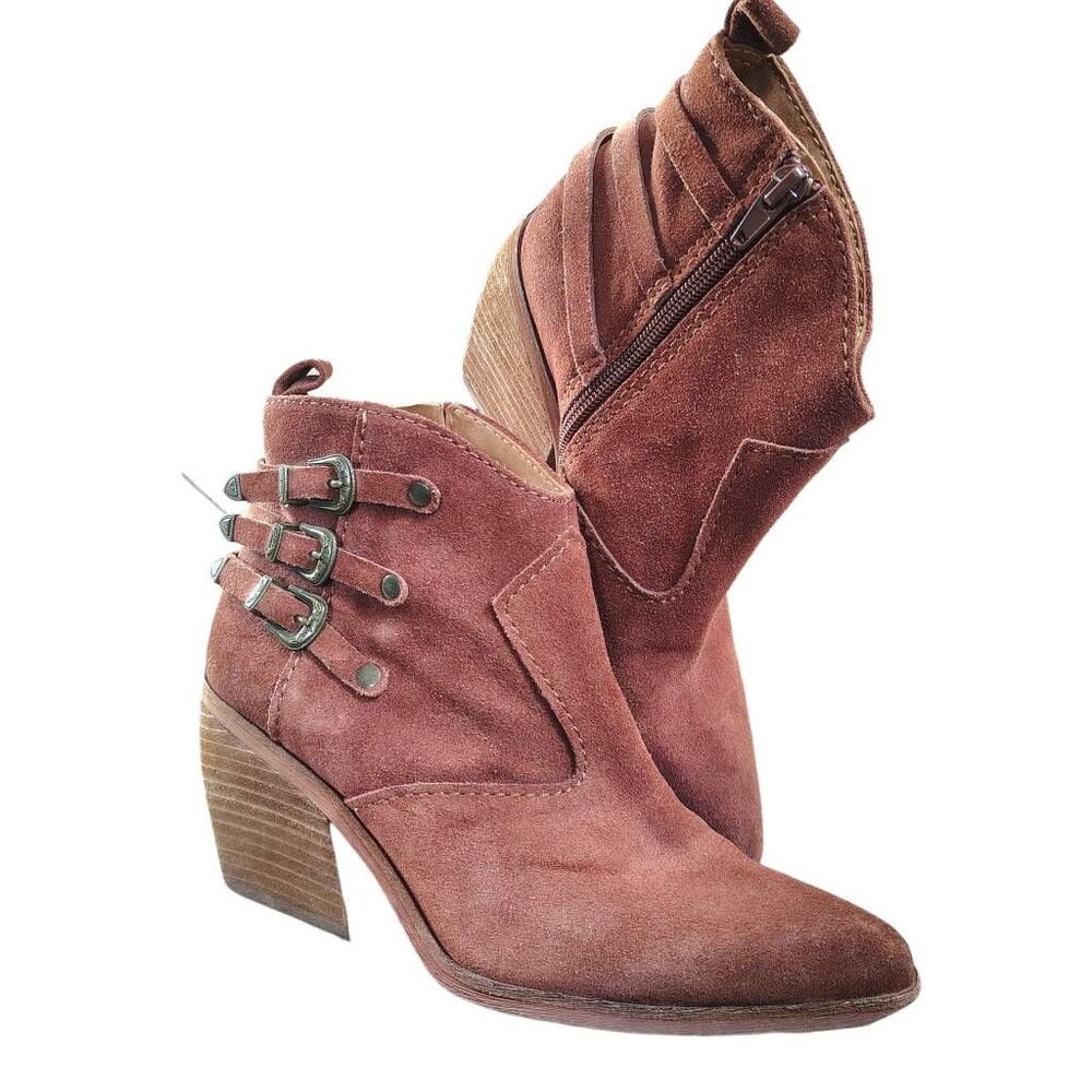 Zodiac Dacey Chestnut Suede Ankle Boots Women’s 7.5 Western Buckle Strap Side Zi - Picture 1 of 12